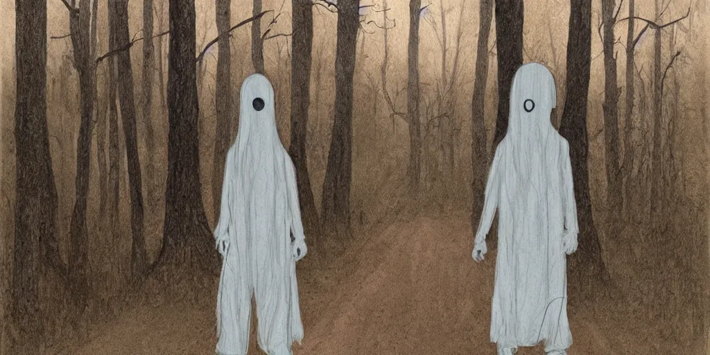 Prompt: a mysterious ghost boy on a vacant road in the remote woods, scary, horror vibe in the style of Barry Blitt