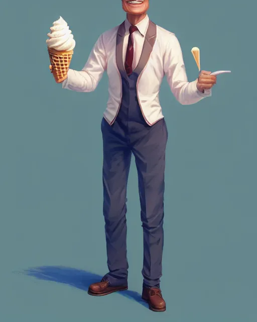 Image similar to full body anthropomorphic ice cream cone man resembling rob lowe!, fantasy, sci - fi, by charlie bowater, artgerm, ilya kuvshinov, krenz cushart, ruan jia, realism, ultra detailed, 8 k resolution