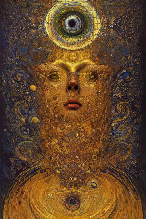 Prompt: Machinery of Fate by Karol Bak, Jean Deville, Gustav Klimt, and Vincent Van Gogh, enigma, otherworldly, fractal structures, prophecy, arcane, ornate gilded medieval icon, third eye, spirals