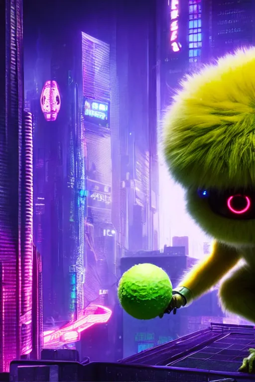 Image similar to high quality 3 d render cyberpunk very tennis ball monster highly detailed, unreal engine cinematic smooth, in the style of blade runner & detective pikachu, hannah yata charlie immer, purple light, low angle, uhd 8 k, sharp focus