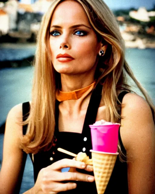 Image similar to portrait of a blonde barbara bach from the bond film wearing dungarees and eating ice creams in porto