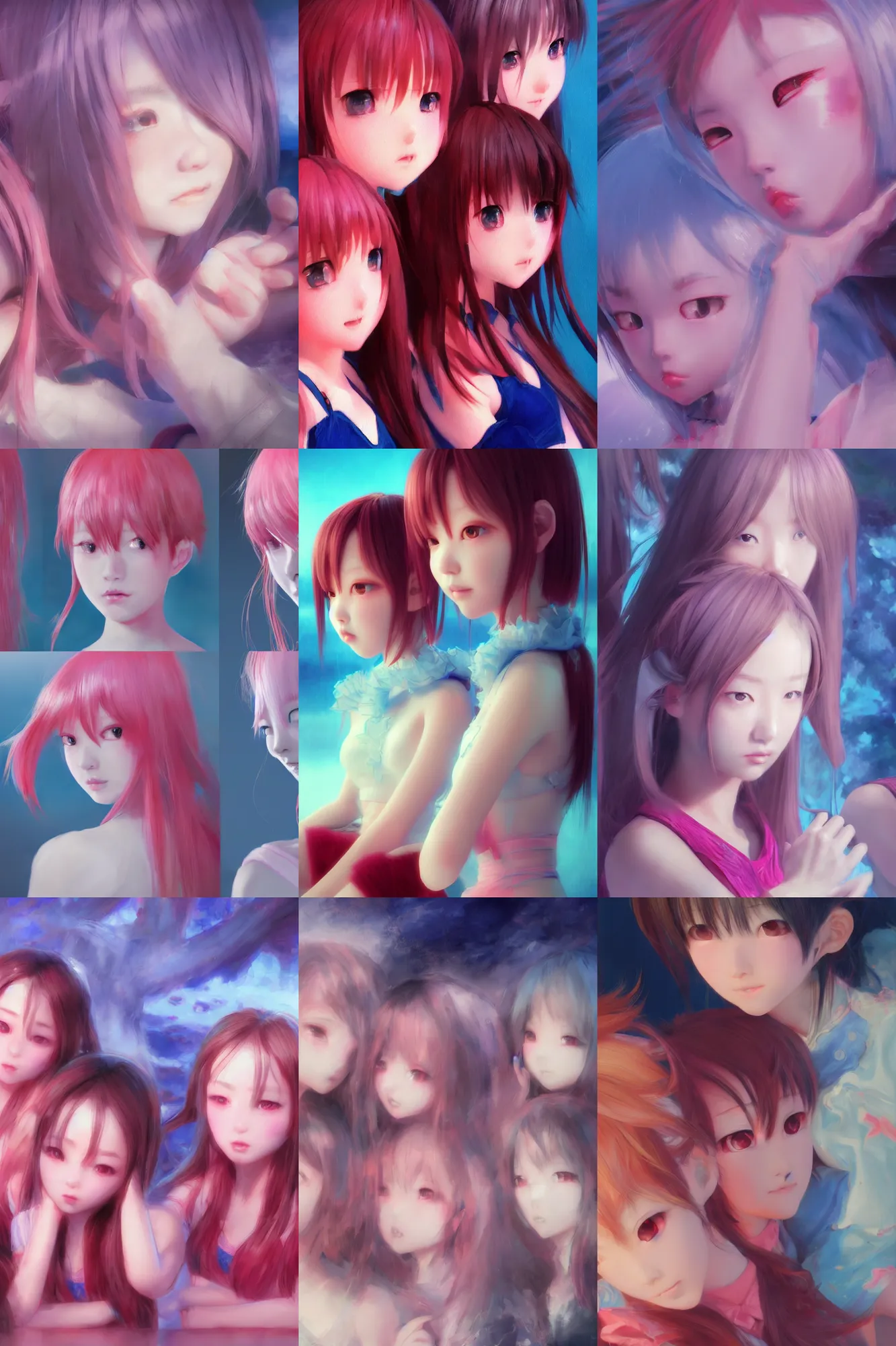 Prompt: 3d infrared octane render concept art by D. Jun, by Mo Xiang Tong Xiu, by Igarashi Daisuke, cute beauty complex portrait anime sad friends schoolgirls under dark pink and blue water. beautiful and cutest sad face. dramatic deep light, trending on artstation, oil painting brush