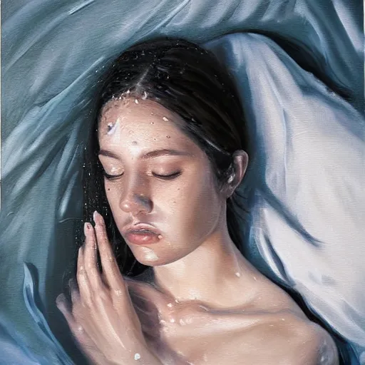 Prompt: nighttime!!! oil painting of a beautiful wet!! young woman sweating with insomnia in her bed, a dark!!! room lit only by pale moonlight through a black window, white sheets and white nightgown, backlit glow, beautiful, cool palette, art by sam yang