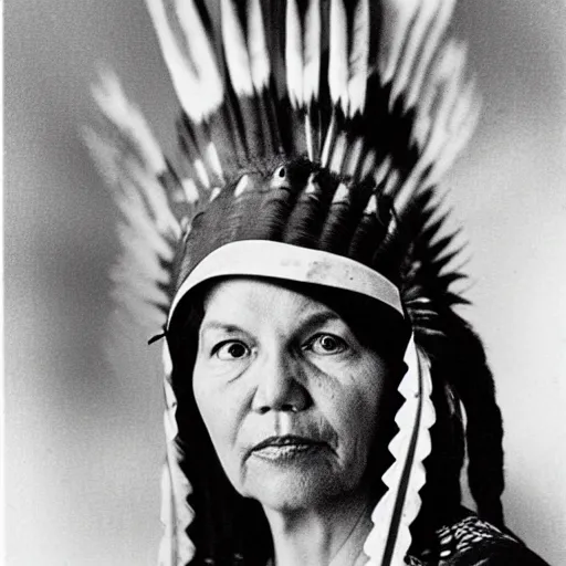 Image similar to the american indian elizabeth warren in a war bonnet lamenting to the the fake news press she is not a man