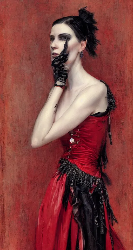Prompt: one person only. One head only. Long flowing dress. Solomon Joseph Solomon and Richard Schmid and Jeremy Lipking victorian genre painting portrait painting of a young beautiful woman punk rock goth with punk rock haircut in fantasy costume, red background