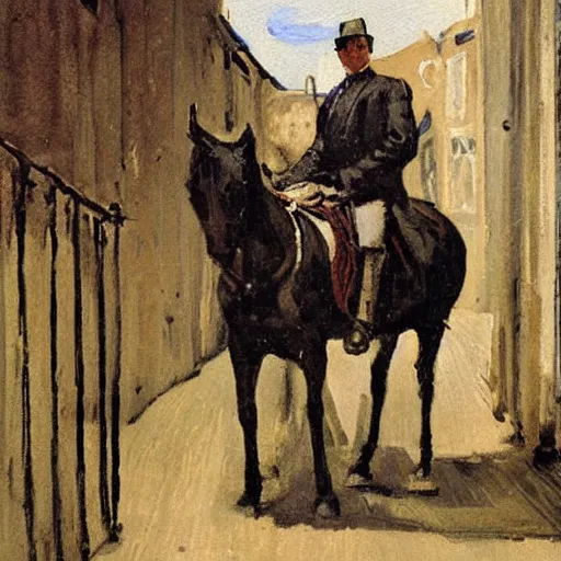 Image similar to painting of a man on a horse in a Dublin alleyway, painted by George Bellows, 1905, detailed brushstrokes