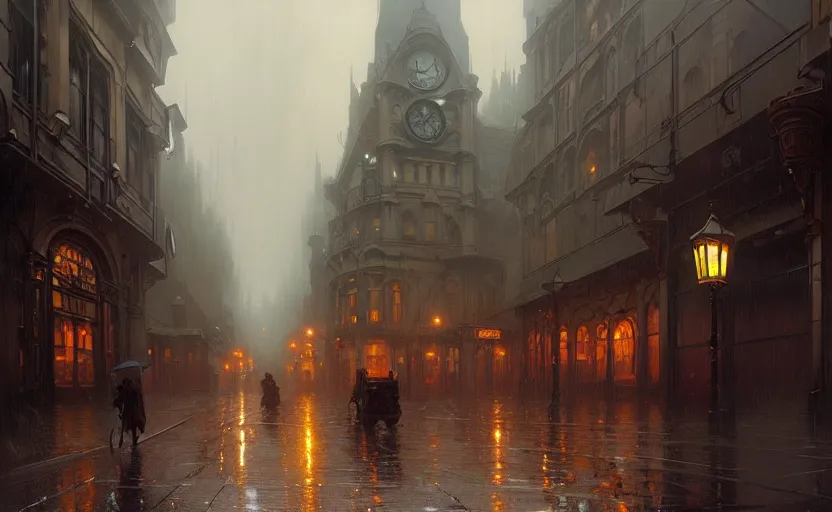 Image similar to an old victorian city with rainy atmosphere and moody and cinematic lighting by alphonse mucha, simon stalenhag and darek zabrocki, greg ruthkowski, craig mullins, cinematic and atmospheric, concept art, artstation, trending on artstation