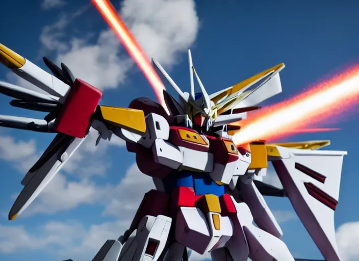 Prompt: Professional Photography, Tremendous battle scenes. Gundam took the fight to God.