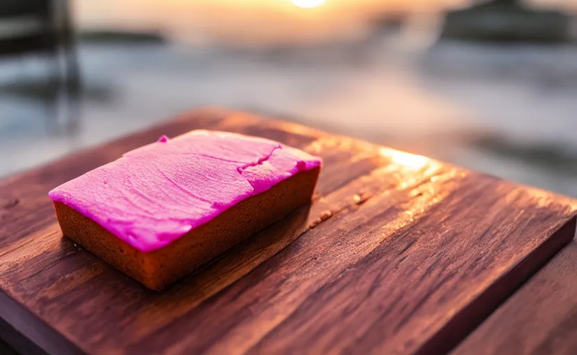 Image similar to A photo of a swedish cake from the side on a wooden table, covered with pink marzipan, some powder sugar and a marzipan leaf. Sunset. 4K. Cinematic lighting. High detail. Realistic. Delicious.