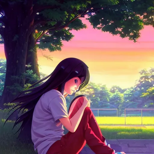 Image similar to a beautiful girl with long dark hair, sitting in the park next to a young boy who has dark hair, sunset, evening, sharp focus, intricate, digital painting, artstation, official media, anime key visual, highly detailed, rich vivid colors, ambient lighting, illustration, art by Artgerm, Makoto Shinkai, Ilya Kuvshinov, Lois Van Baarle, and Rossdraws