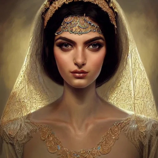 Image similar to ameera al taweel, crystal blue eyes, long wavy black hair, white veil, front closeup, cinnamon #b57e59 skin color, highly detailed, centered, oil painting, artstation, concept art by tom bagshaw