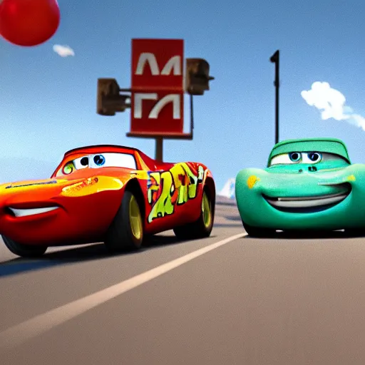 Image similar to a photo from the movie cars, where lightning mcqueen gets into a greusome car accident with tow mater. rendered in 4 k with presto animation software.