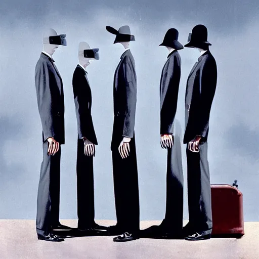 Prompt: radio waves in trenchcoats by storm thorgerson, weirdcore noir album cover