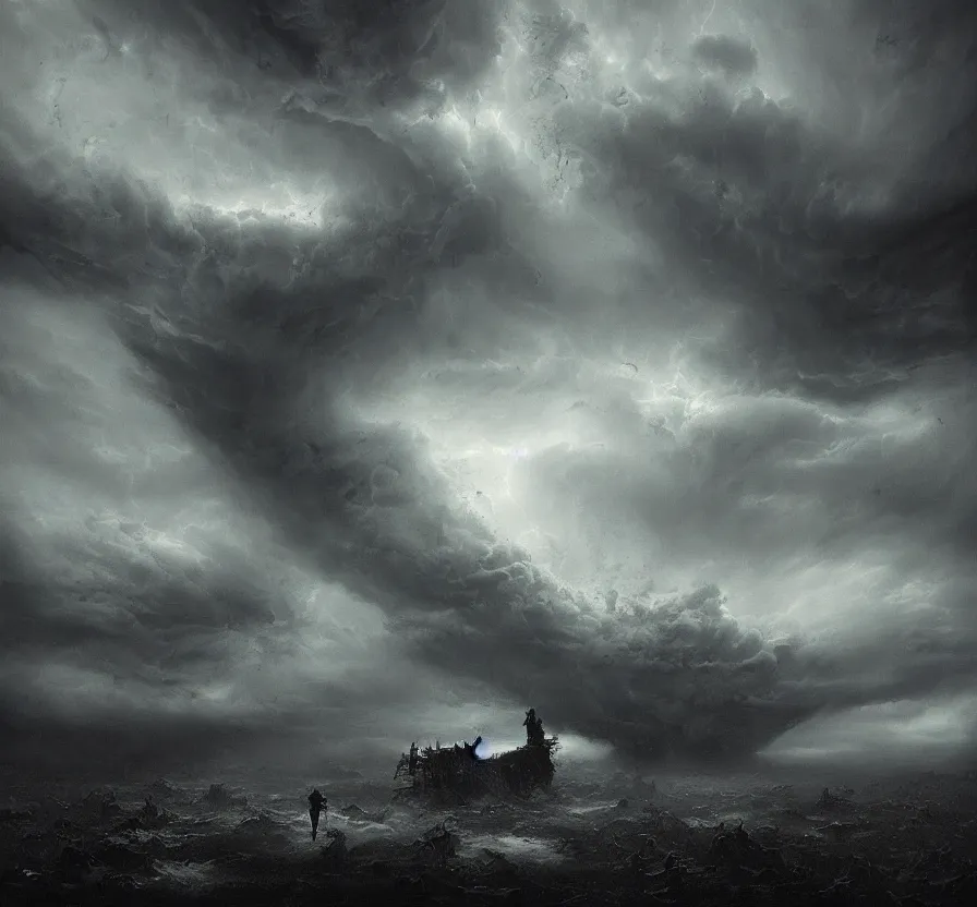 Prompt: the scariest storm surrounded by horror creatures in the scariest sky, epic scene, dark, scary, horror, frightening, fantasy, cinematic, jakub rozalski, high detail, dramatic lighting, night