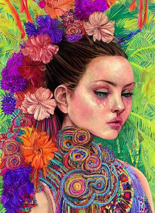Image similar to beautiful portrait of a mediterranean female wearing fantastic Hand-dyed cotton dress, embellished beaded feather decorative fringe knots ,colorful pigtail,subtropical flowers and plants,symmetrical face,intricate,elegant, highly detailed, 8k,post-processing,digital painting, trending on pinterest, arper's bazaar,concept art, sharp focus, illustration, by artgerm,Tom Bagshaw,Daniel Gerhartz,Albert Aublet,Lawrence Alma-Tadema