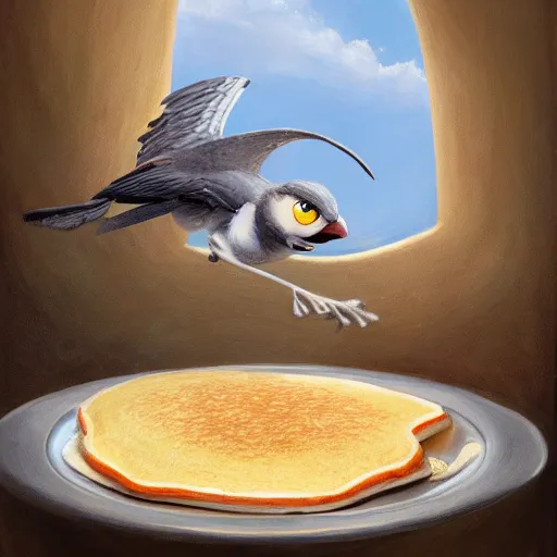 Image similar to a cartoon anthropomorphic pancake leaving the nest to fly for the first time, oil on canvas, portrait, intricate, 8k highly professionally detailed, HDR, CGsociety