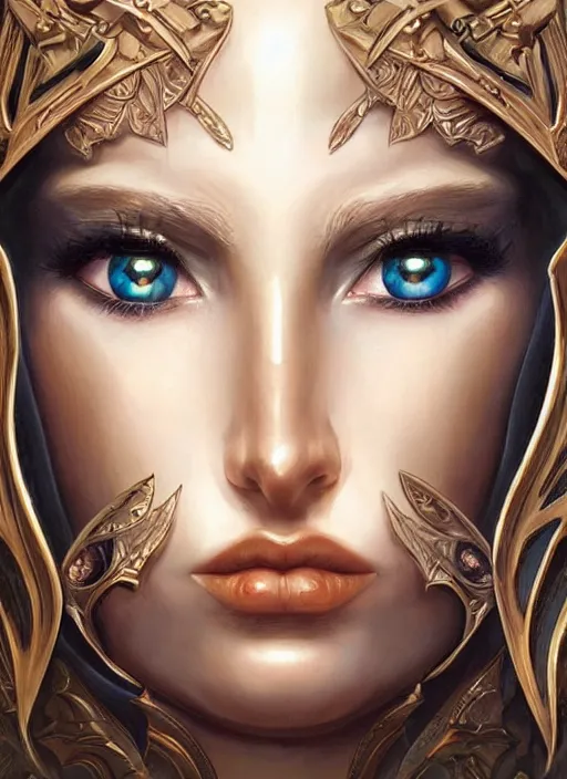 Image similar to a highly detailed symmetrical painting of a female model fantasy amazon with piercing beautiful eyes, trending art by artgerm and karol bak and mark brooks