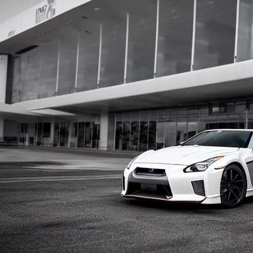 Image similar to 105mm photograph f1.8 full view white Nissan GT-R showroom beautiful lighting from 2022