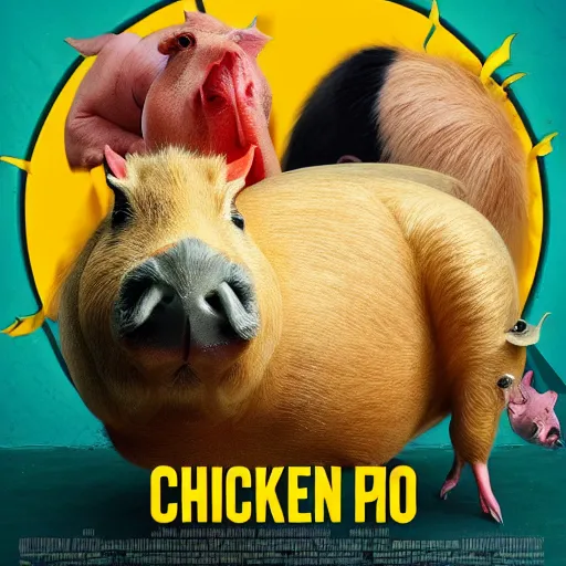 Image similar to Movie Poster Chicken, Cow, Capybara, Pig, Epic, Cinematic, 4K