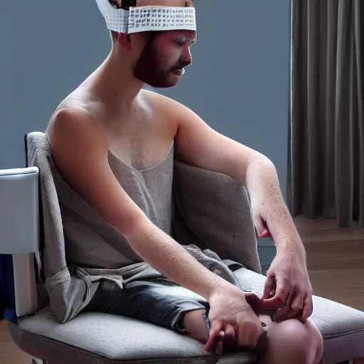 Prompt: a person wakes up sitting on a chair with things attached to his head like a mind reader, screens in front of him playing videos