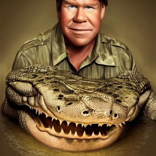 Image similar to steve irwin as a crocodile, award winning creature portrait photography, extremely detailed, artstation, 8 k, sensual lighting, incredible art, wlop, artgerm