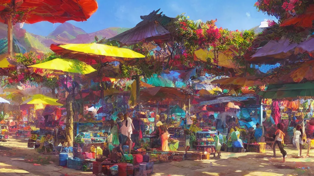 Image similar to colorful marketplace in Reunion Island, anime, digital painting by Greg Rutkowski, by James Gurney,trending on artstation,highly detailed