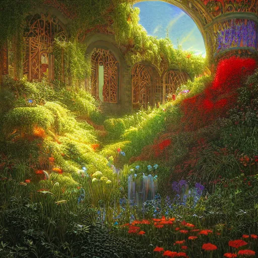 Prompt: Photorealistic Heavenly Garden in the style of Michael Whelan and Gustave Dore. Hyperdetailed photorealism, 108 megapixels, amazing depth, glowing rich colors, powerful imagery, psychedelic Overtones, 3D finalrender, 3d shading, cinematic lighting, artstation concept art