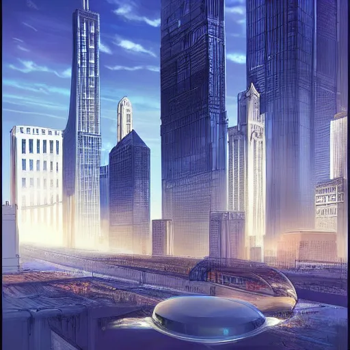 Prompt: Chicago in the future, with glass buildings and flying vehicles at night, trending on artstation, realistic concept art