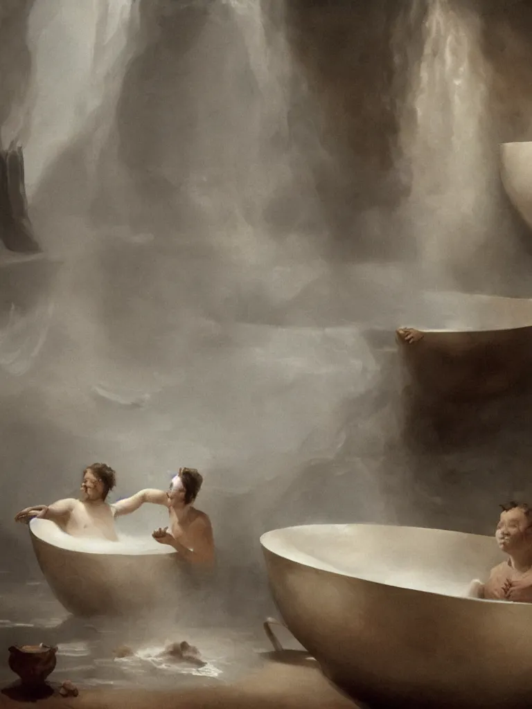 Image similar to steaming bath in a clubfoot bathtub by disney concept artists, blunt borders, rule of thirds, golden ratio, godly light