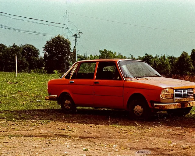 Image similar to a lomographic photo of old lada 2 1 0 7 standing in typical soviet yard in small town, hrushevka on background, cinestill, bokeh