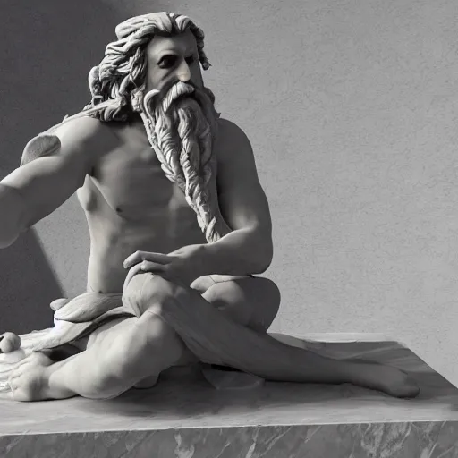 Image similar to a marble statue depicting a bearded wild man playing a modular synthesizer, 8 k, unreal engine,