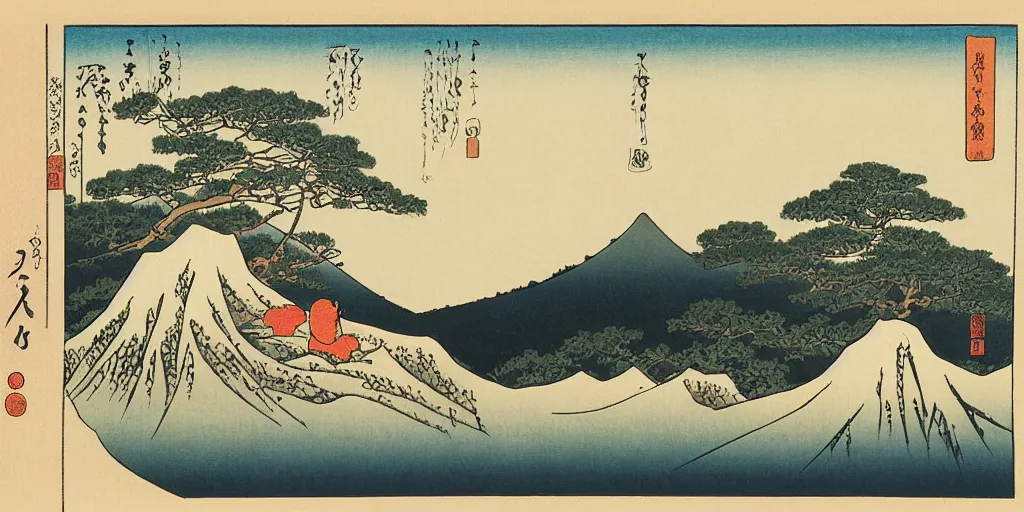 Image similar to ukiyo - e woodblock print of a rabbit on top of a hill, trees in the background, by hokusai