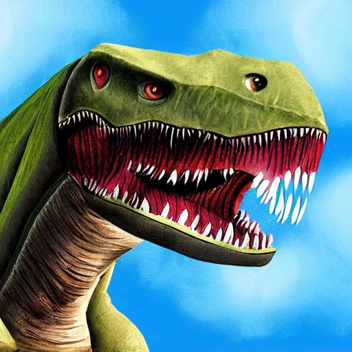 Prompt: a detailed digital art painting of a trex dinosaur smiling fighter jet plane