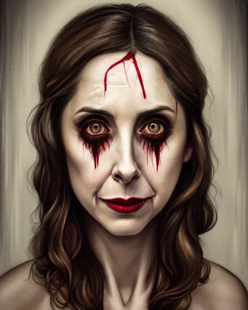 Image similar to gorgeous female Alison Brie, horror movie slasher, holding bloody knife, realistic character concept, violent pose, creepy smile, shorter neck, illustration, symmetrical face and body, realistic eyes, cinematic lighting, hyperdetailed, detailed realistic symmetrical eyes, face by artgerm, symmetrical nose, Tom Bagshaw, single face, insanely detailed and intricate, beautiful, elegant, dark living room background