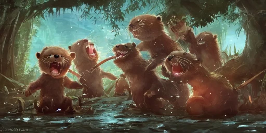 Prompt: cute evil furry chibi otters with sharp teeth disgorge and devour hapless horrified peasants in a swamp. the river runs red. fantasy anime. wicca, fae, pagan, norse and keltic mythology. an epic action game anime keyframe by jesper ejsing, by rhads in the style of demon slayer.