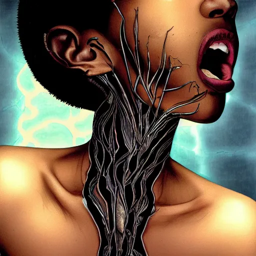 Image similar to x - ray portrait closeup of screaming black reflective glossy dark beautiful woman with hair made by snakes, sensual pose, symmetrical, glitches, by yoichi hatakenaka, masamune shirow, josan gonzales and dan mumford, ayami kojima, takato yamamoto, barclay shaw, karol bak, yukito kishiro, moebius