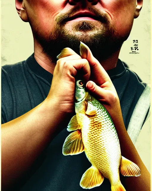 Image similar to photograph of leonardo dicaprio holding a carp in his both hands. movie poster, illustration by bartek fedyczak, erak note, tooth wu, neil richards, kan liu, siwoo kim, jisu choe, trending on art station