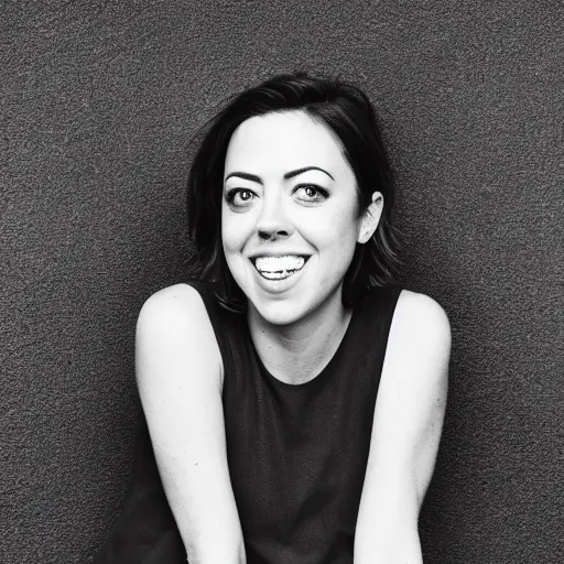 Image similar to portrait of Aubrey Plaza, high resolution 8k, modeling, black and white, 50mm lens, happy, dazzling,