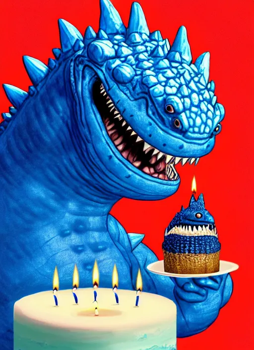 Prompt: portrait of a happy small fat blue godzilla with a birthday cake, wearing a three coloured cap with a propeller on top, intricate, elegant, candle light, highly detailed, digital painting, artstation, concept art, smooth, sharp focus, illustration, art by wlop, mars ravelo and greg rutkowski