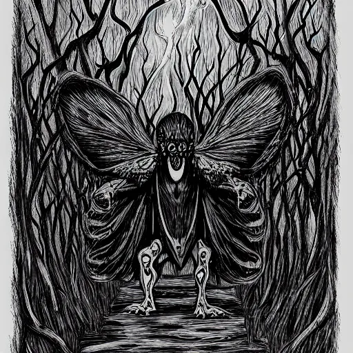 Image similar to mothman in the style of junji ito, in the woods of west virginia, cryptid, insane detail, body horror