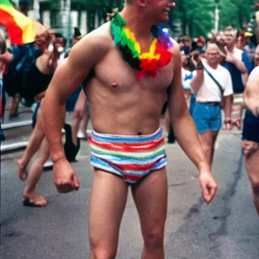 Image similar to photo of putin wearing short shorts in gay pride parade, cinestill, 800t, 35mm, full-HD