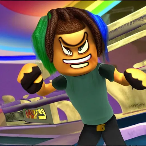 Image similar to character screenshot of ufc sean o'malley in psychonauts, rainbow hair dreadlocks, ps 3 video game, 3 d character render, dream world, 7 2 0 p, cutscene, cartoony designed by scott campbell