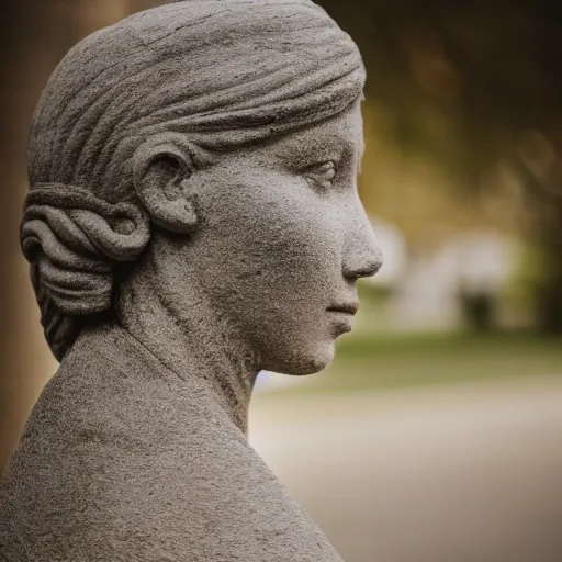 Prompt: a female made out of stone rides a scooter, 5 0 mm lens, f 1. 4, sharp focus, ethereal, emotionally evoking, head in focus, volumetric lighting, 8 k