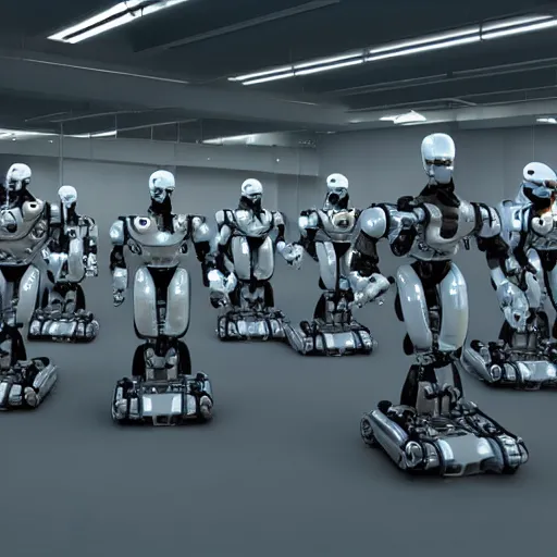 Image similar to fleet of t - 8 0 0 robots, highly detailed, photorealistic shot, bright studio setting, studio lighting, crisp quality and light reflections, unreal engine 5 quality render