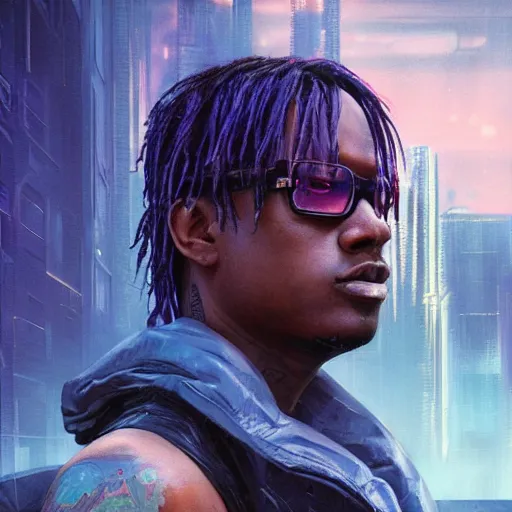 Image similar to cyberpunk, closeup portrait of a juice wrld, dramatic light, city background, sunset, dystopian setting, high contrast, sharp, neuromancer, henry dorsett case, painted by stanley lau, painted by greg rutkowski, painted by stanley artgerm, digital art, trending on artstation