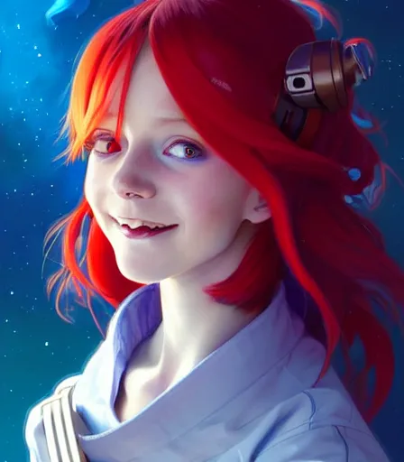 Prompt: astronaut anime young girl with vibrant red hair, hourglass slim figure, Jinx face, Jinx expression, blue eyes, dungeons and dragons portrait, lovely smile, highly detailed, digital painting, artstation, concept art, sharp focus, illustration, art by artgerm and greg rutkowski and alphonse mucha