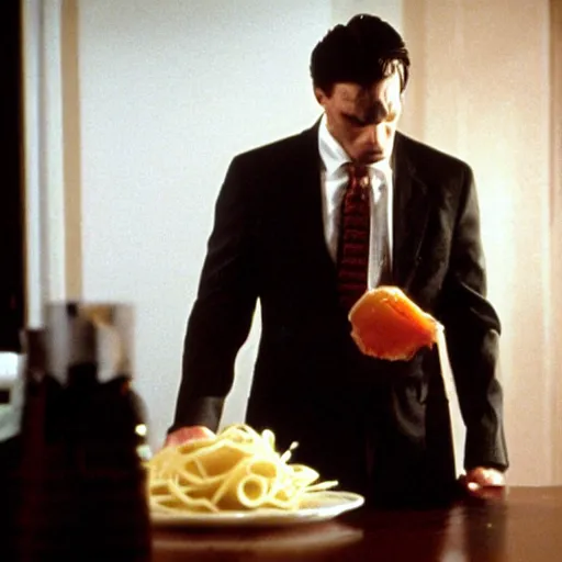 Image similar to pasta as The American Psycho, cinematic still