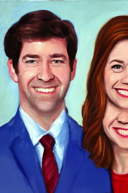 Image similar to portrait painting of jim halpert and pam beesly