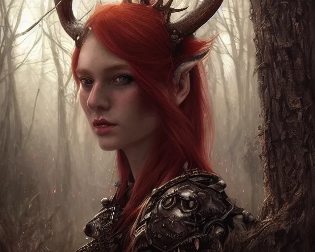 Image similar to 5 5 mm portrait photo of an armored gorgeous aesthetic redhead woman warrior with a face tattoo and antlers growing from her head and cat on her shoulder, in a magical forest in the style of luis royo. art by greg rutkowski. highly detailed 8 k. intricate. lifelike. soft light. nikon d 8 5 0.