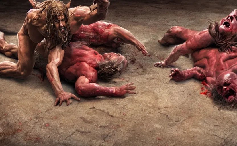 Image similar to hyperrealistic photo of Jesus Christ fighting red-skinned Satan devil demon Lucifer in the face on the floor of the Roman Coliseum, 8k cinematic, epic fight scene, Doom Eternal, interpretation of Hell on Earth